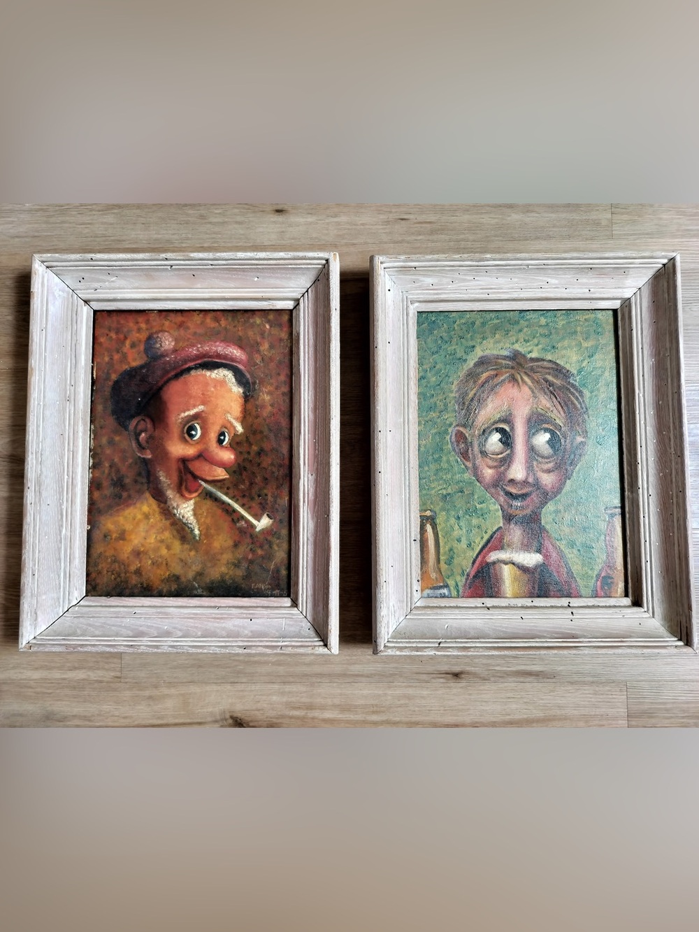 Vintage 1954 Big Eye Bar Caricature Oil Paintings Pair Signed F Allison 14x10